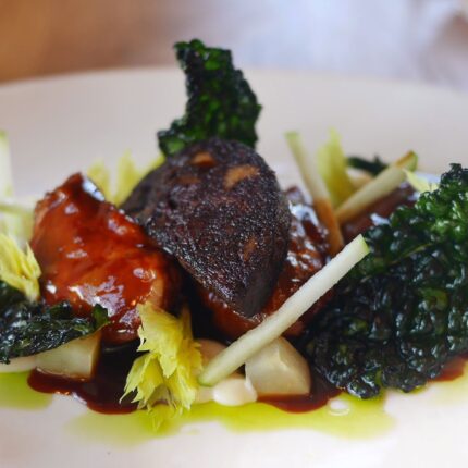 Galvin Green Man Essex: Roast wild venison loin with autumn blackberries and parsnip purée.