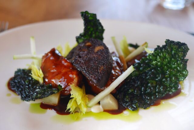 Galvin Green Man Essex: Roast wild venison loin with autumn blackberries and parsnip purée.