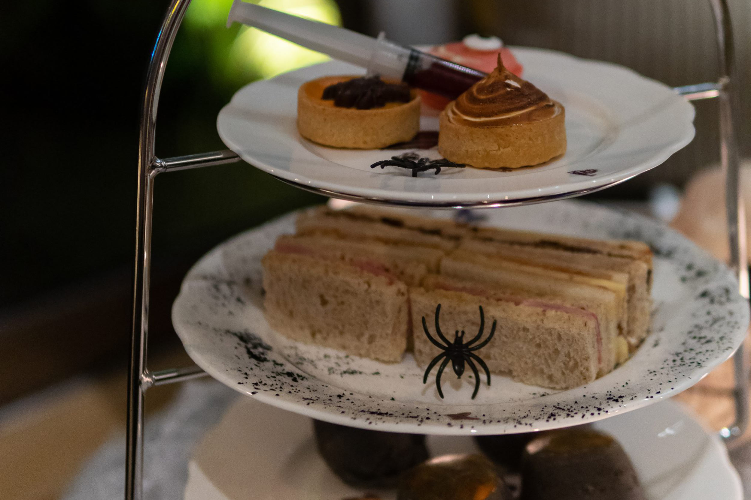 Playful trick or treat chocolate mousse cups featured on the Galvin afternoon tea.