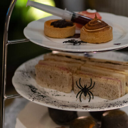 Playful trick or treat chocolate mousse cups featured on the Galvin afternoon tea.
