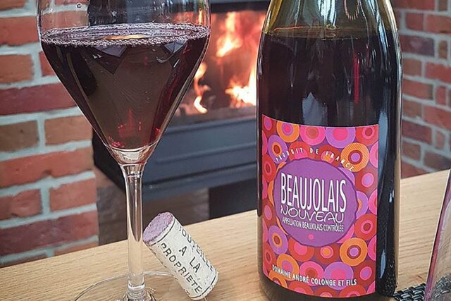 The iconic, vibrant label of the new season's Beaujolais Nouveau wine at Galvin's.