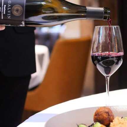 A sommelier carefully decanting a vibrant red wine to complement a sophisticated fine dining experience.
