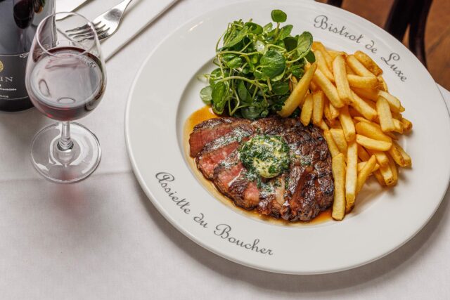 Expertly curated French steak served with garlic butter at Galvin Bistrot and Bar Spitalfields.