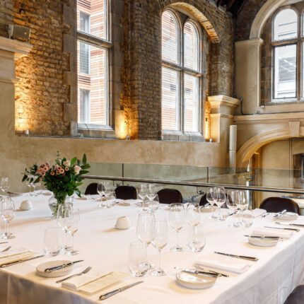 Sophisticated board meeting table arrangement setup in a Galvin private event space.