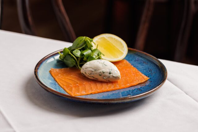 Exquisite Scottish salmon starter course for the Burns Night celebration at Galvin's.