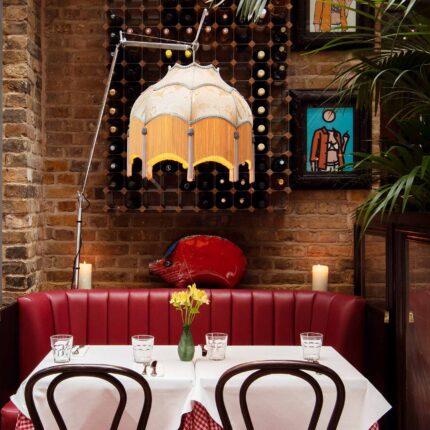 The stylish, welcoming interior of Galvin Bistrot and Bar in Spitalfields Market, London.