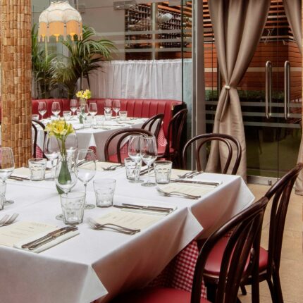 The bustling, vibrant outdoor terrace area at Galvin Bistrot and Bar Spitalfields.