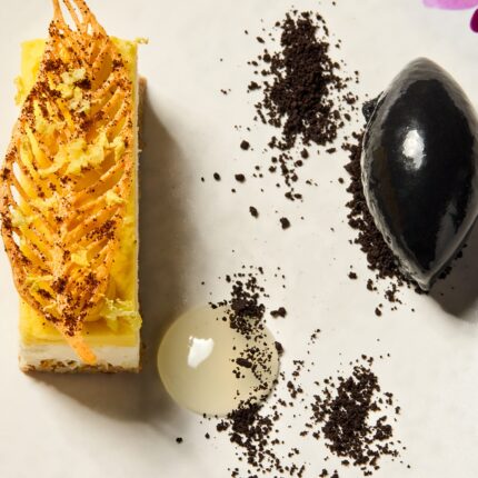 Vibrant Mediterranean lemon mascarpone cheesecake featured at Galvin Restaurants London.