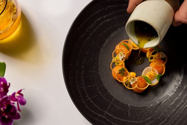 Chilled heritage tomato gazpacho starter on the Galvin Taste of Summer menu.