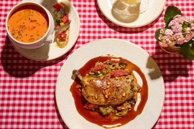 Roasted corn-fed chicken breast with a vibrant summer vegetable ratatouille.