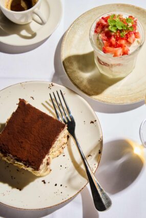 Tiramisu and Eton mess dessert menu Galvin Bistrot and bar with coffee served outside on the terrace