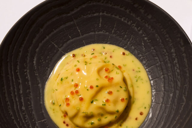 Exquisite seasonal raviolo dish with rich butter sauce and roe from the Autumn Table menu at Galvin La Chapelle in London