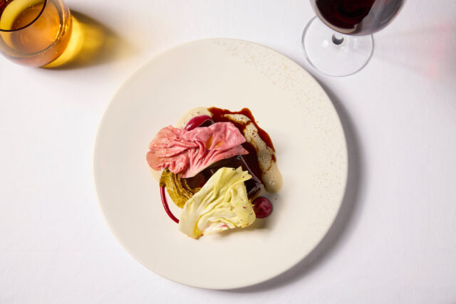 Slow-cooked braised meat with pink radicchio and beetroot puree from The Autumn Table menu at Galvin La Chapelle.